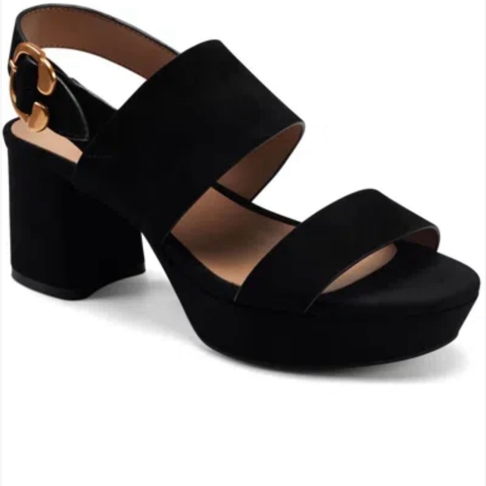 AEROSOLES Carimma Black Suede Platform Sandals with Gold Buckle